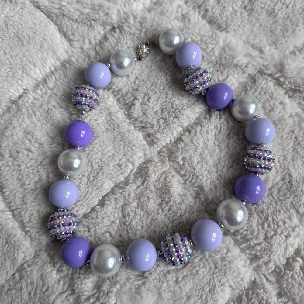 Lavender & Pearl Chunky Bling Bubblegum Beads Necklace | Size Child